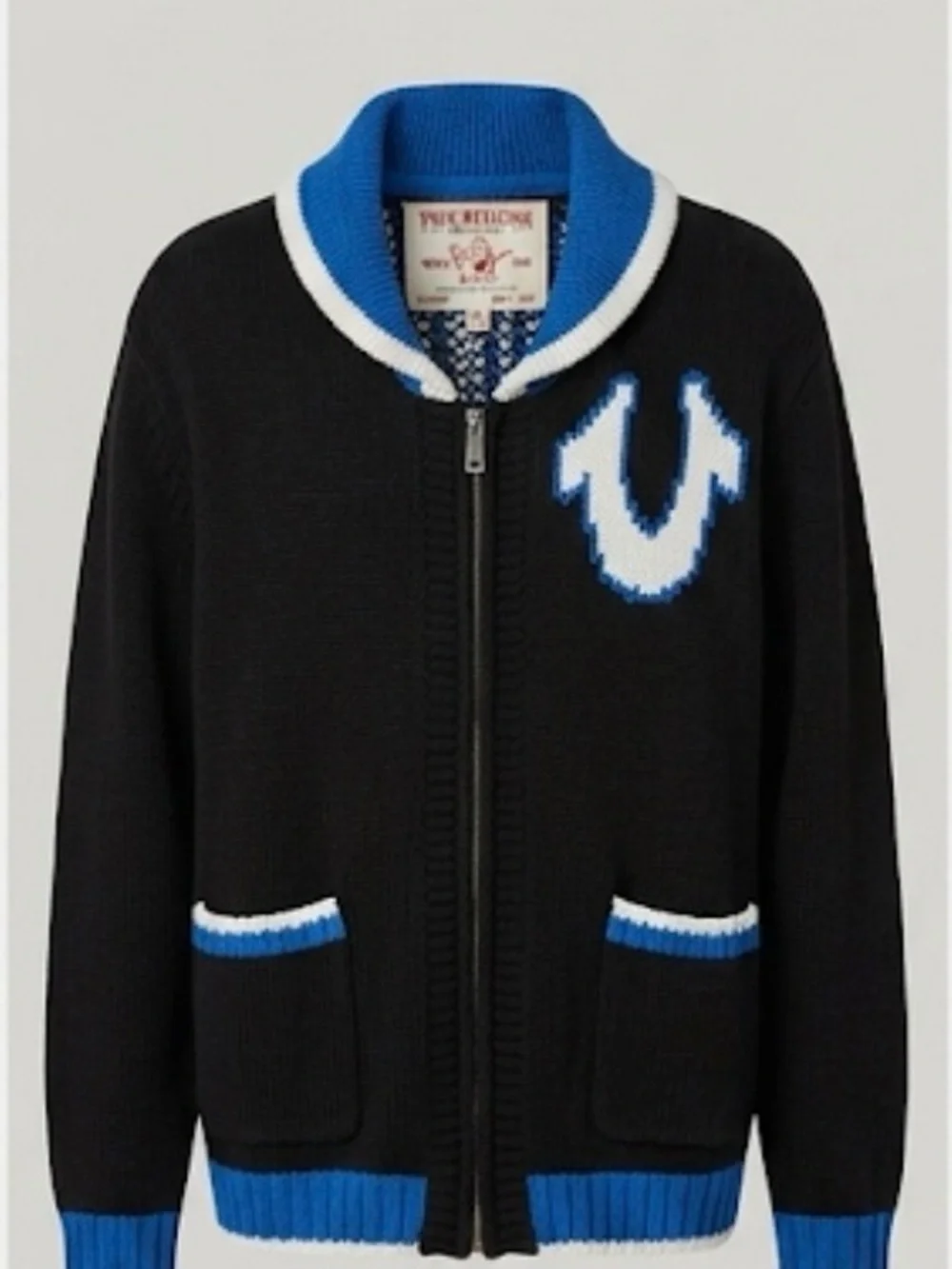 True Religion Mens Black & Blue Zip-Up intarsia cardigan
